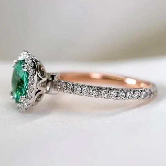 Gold band with crystals and faux center green stone ring. Size 8 - Picture 2 of 5